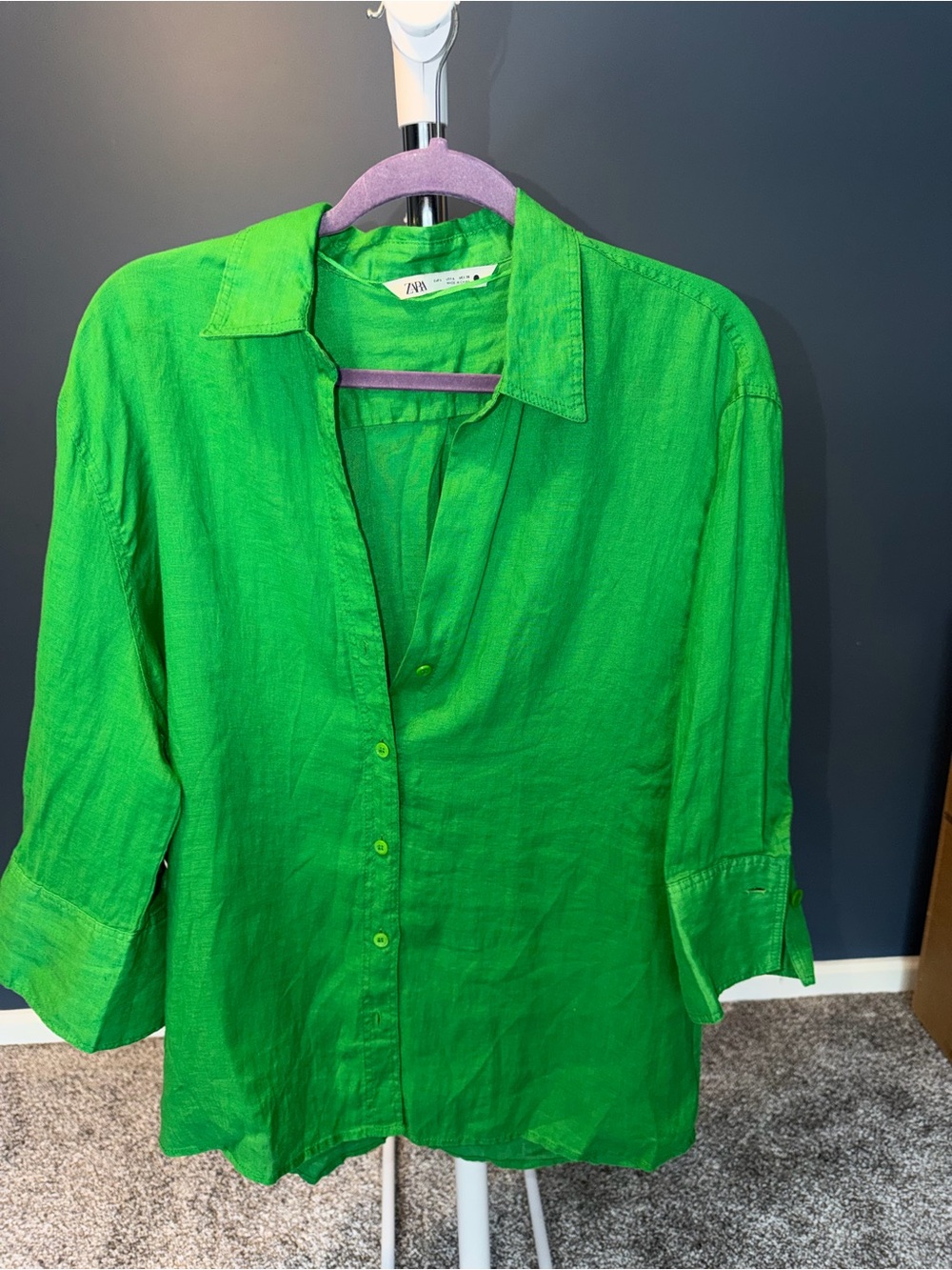 Zara Bright Green Linen Button-Down Shirt